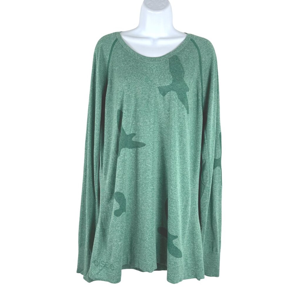 Oiselle Flyte Flying Birds Seamless Tee Shirt Top 3X Green Long Sleeve TP-3642
